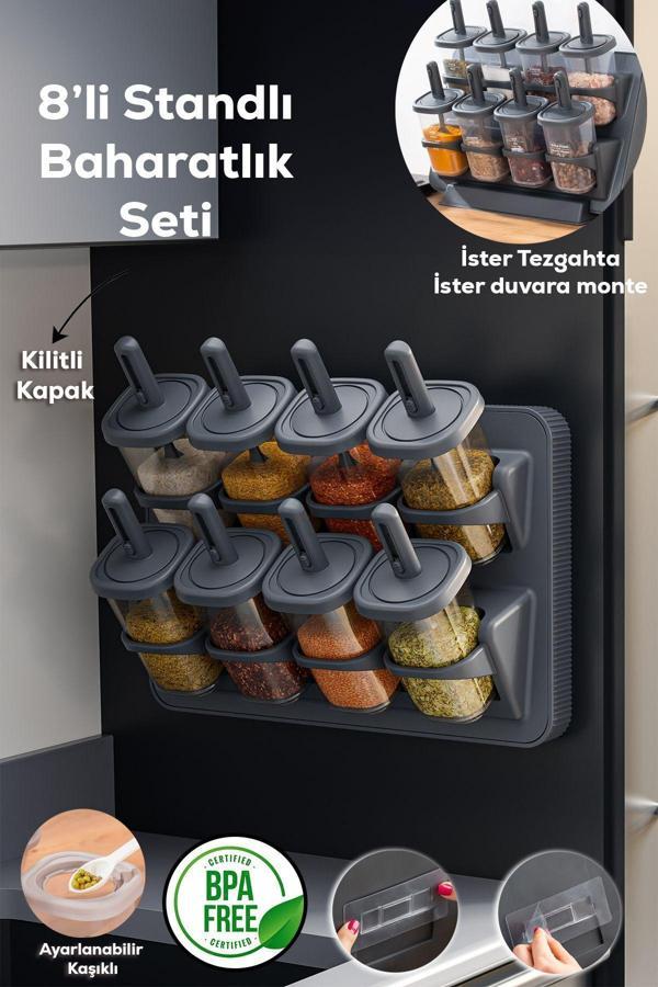 Porsima 1124 Standlı Kaydırmalı Kaşıklı Kapaklı Baharatlık Seti - Image 1