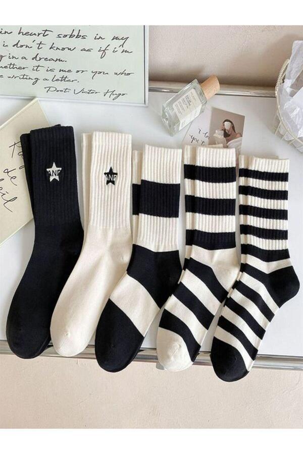 Sky Socks 5'Li Ekonomik Paket Siyah-Beyaz Çizgili Desenli Unisex Tenis Çorap Seti - Image 1