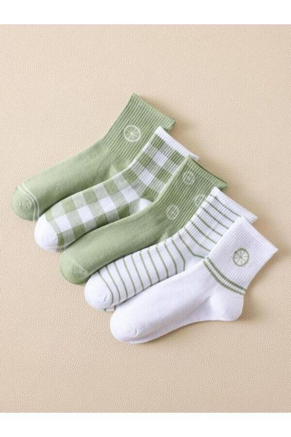 Sky Socks 5'Li Ekonomik Paket Yeşil Limon Desenli Unisex Kokulu Tenis Kolej Çorap Seti - Image 1