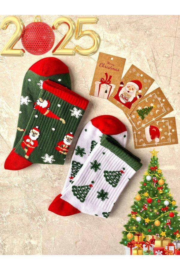 Sky Socks 2'Li Yılbaşı Ağaç Noel Baba Christmas Desenli Hediyelik Kartlı Set Unisex Pamuklu Tenis Kolej Çorap - Image 1