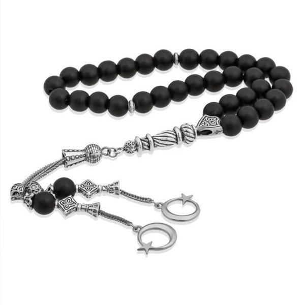 Doğaltaş Metal Püsküllü Oniks Siyah Mat Taşlı Tesbih SL2352 - Image 1