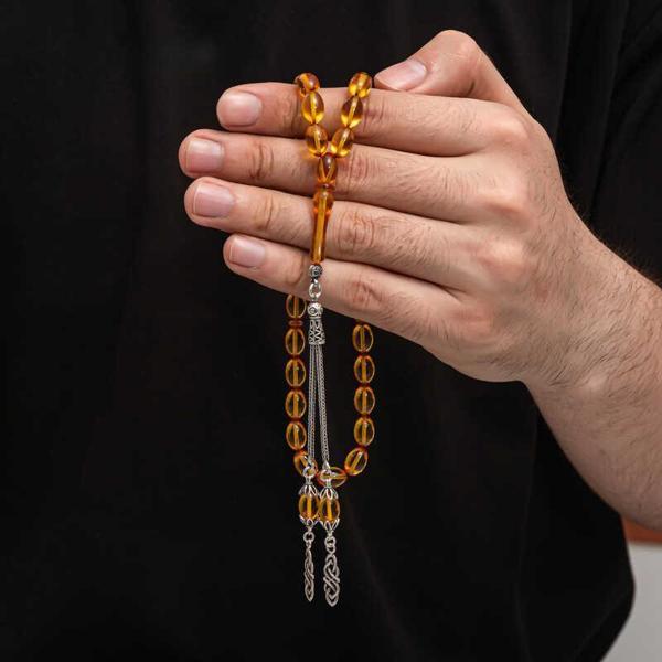 Gümüş Püskül Sıkma Kehribar Tesbih  SL7437 - Image 1