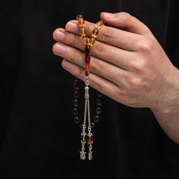 Gümüş Püskül Sıkma Kehribar Tesbih  SL7454 - Image 1