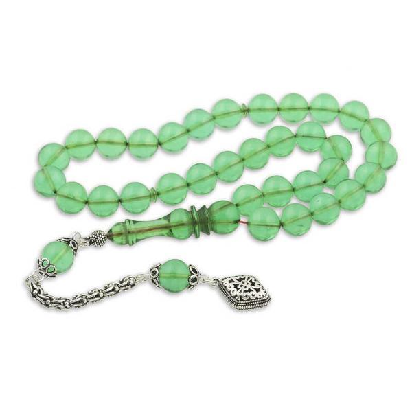 ​Gümüş Püskül Yeşil Küre Ateş Kehribar Tesbih SL2889 - Image 1