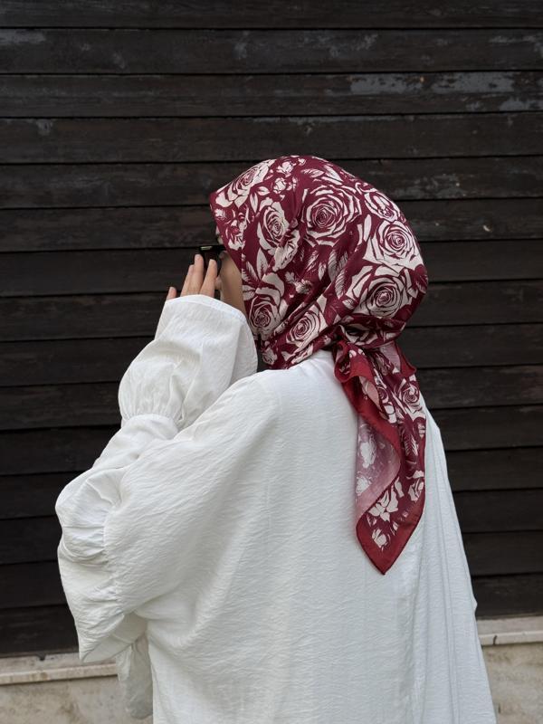 Pamuklu Soft Roza Desen Eşarp-Bordo - Image 1
