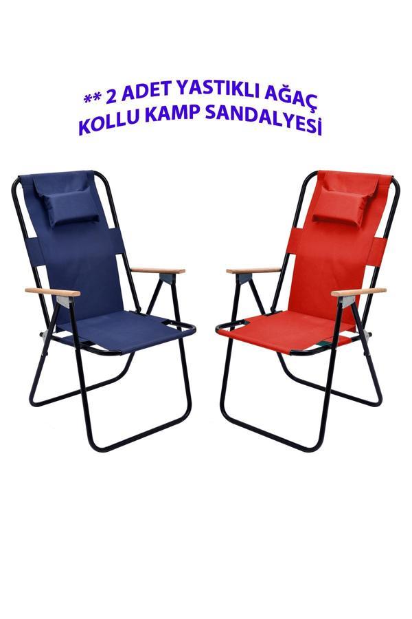 Exent 2' li Yastıklı yüksek sırtlı katlanır büyük boy kamp piknik sandalyesi, ağaç kollu-LACİVERT VE KIRMIZI - Image 1