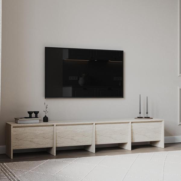 Loris 180 cm Tv Ünitesi – 4 Kapaklı, Traverten Desenli - Image 1