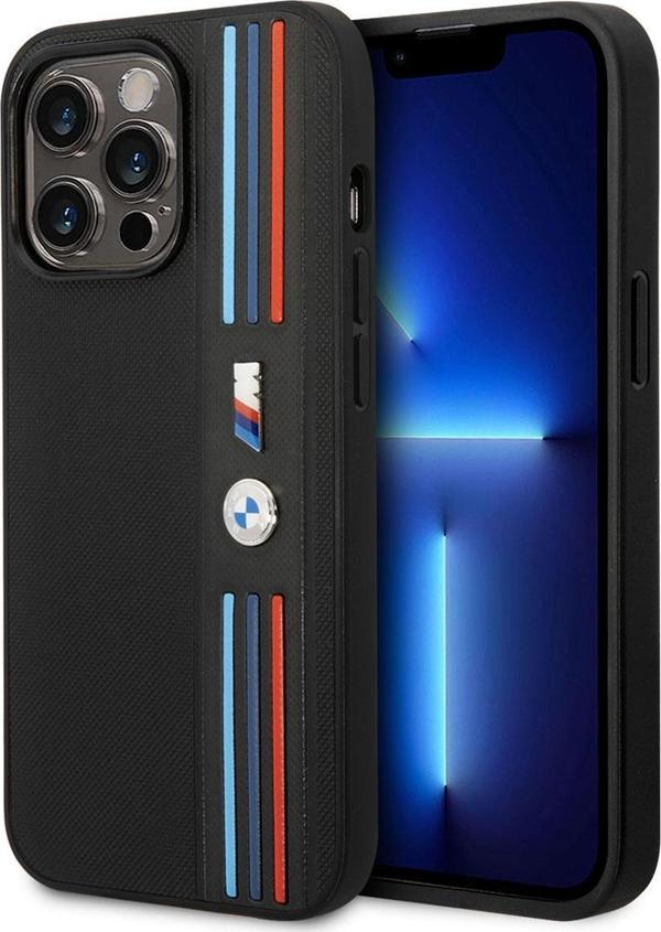 BMW iPhone 14 Pro Max Uyumlu Orjinal Lisanslı Ürün Kılıf PU Deri Çizgili Örgü Dizayn Kapak - Image 1