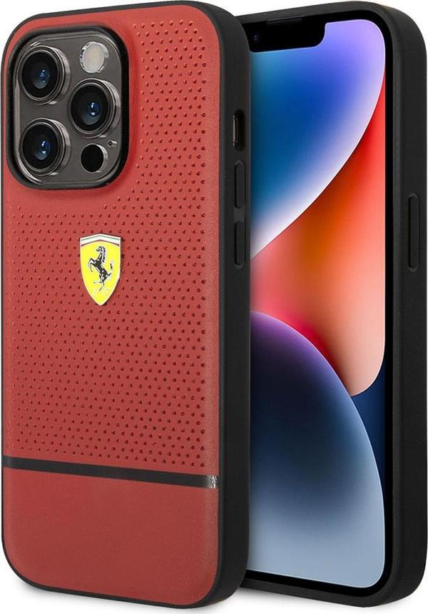 Ferrari iPhone 14 Pro Uyumlu Orjinal Lisanslı Kılıf Deri Delikli Ve Çizgili Dizayn Kapak - Image 1