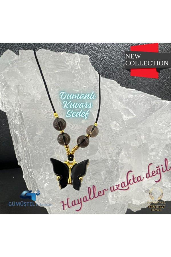 Sertifikalı Orijinal Dumanlı Kuvars & Sedef Doğal Taş Kolye Kelebek Detaylı Asansörlü Kilit Sistemi - Image 1