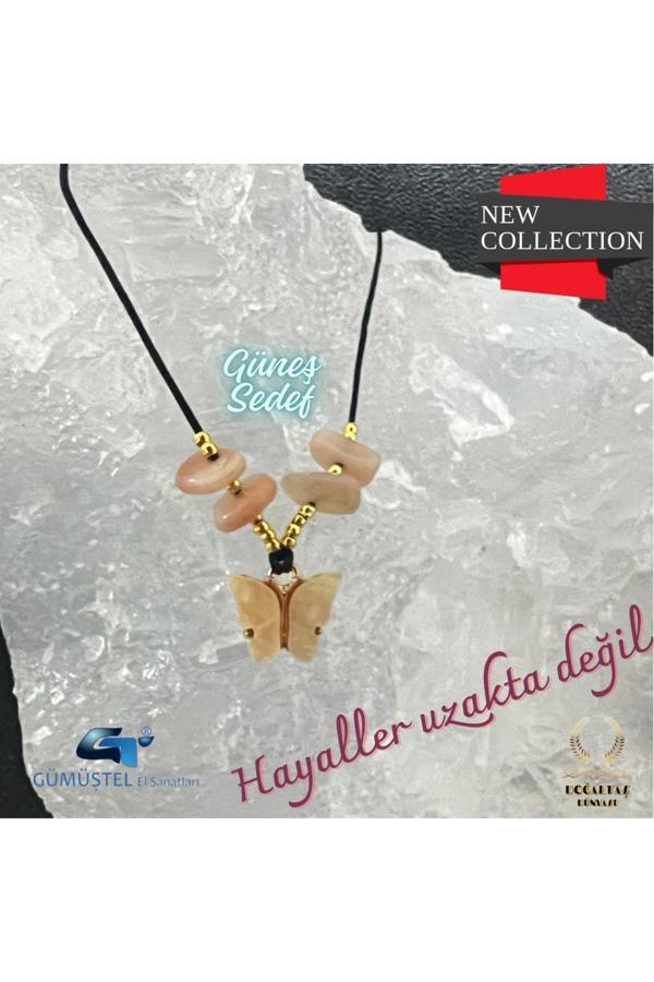Sertifikalı Orijinal Güneş & Sedef Doğal Taş Kolye Kelebek Detaylı Asansörlü Kilit Sistemi - Image 1