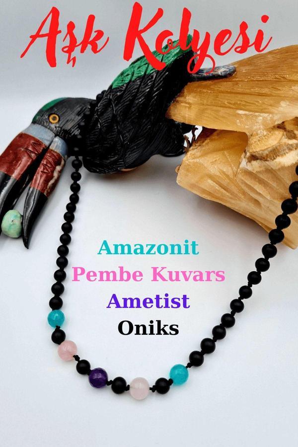 Aşk Kolyesi Doğal Taş Amazonit Pembe Kuvars Ametist Oniks - Image 1