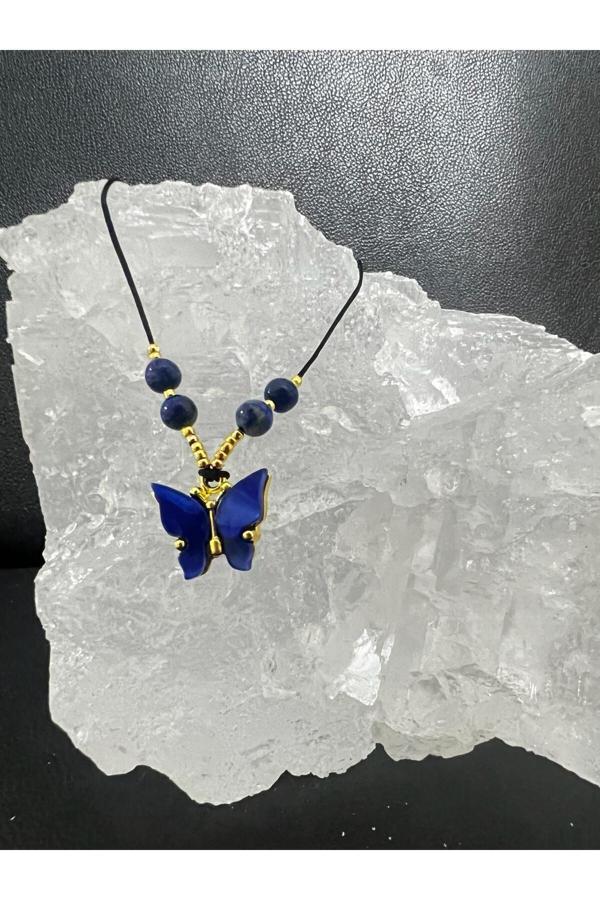 Sertifikalı Orijinal Lapis Lazuli & Sedef Doğal Taş Kolye Kelebek Detaylı Asansörlü Kilit Sistemi - Image 1