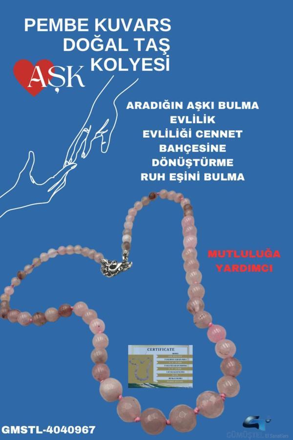 Sertifikalı Pembe Kuvars Doğal Taş Aşk Kolyesi - Image 1