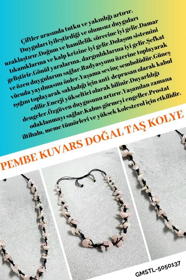 Sertifikalı Pembe Kuvars Doğal Taş Tasarım Kolye - Image 1