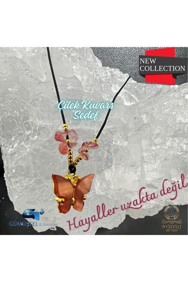 Sertifikalı Çilek Kuvars & Sedef Doğal Taş Kolye Kelebek Detaylı Asansörlü Kilit Sistemi - Image 1