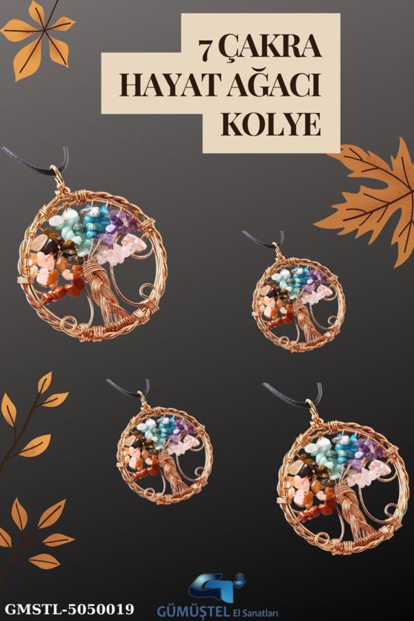 Sertifikalı Doğal Taş 7 Çakra Hayat Ağacı Tasarım Kolye Sürpriz Hediyeli 5x5 Cm - Image 1