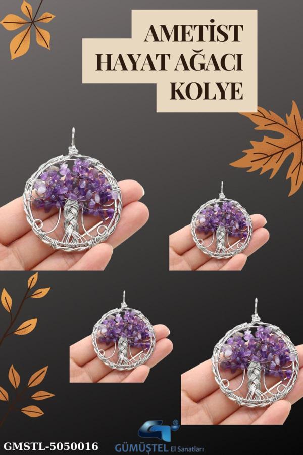 Sertifikalı Doğal Taş Ametist Hayat Ağacı Tasarım Kolye Hediyeli 5x5 Cm - Image 1