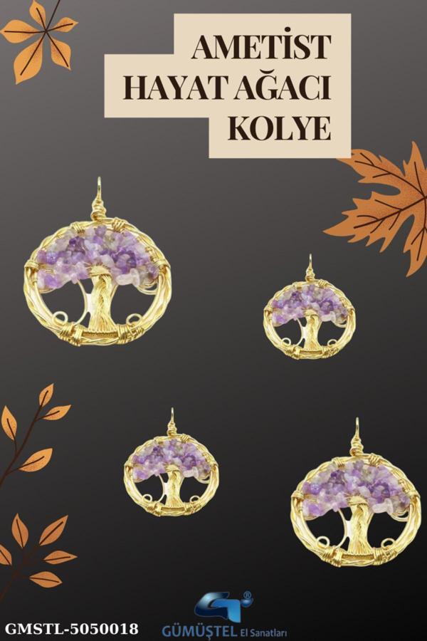 Sertifikalı Doğal Taş Ametist Hayat Ağacı Tasarım Kolye Sürpriz Hediyeli 5x5 Cm - Image 1
