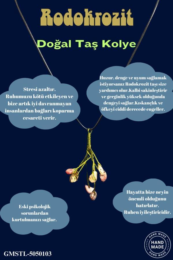 Sertifikalı Doğal Taş Rodokrozit Taşı El Yapımı Bakır Tel Sarma Kolye - Image 1