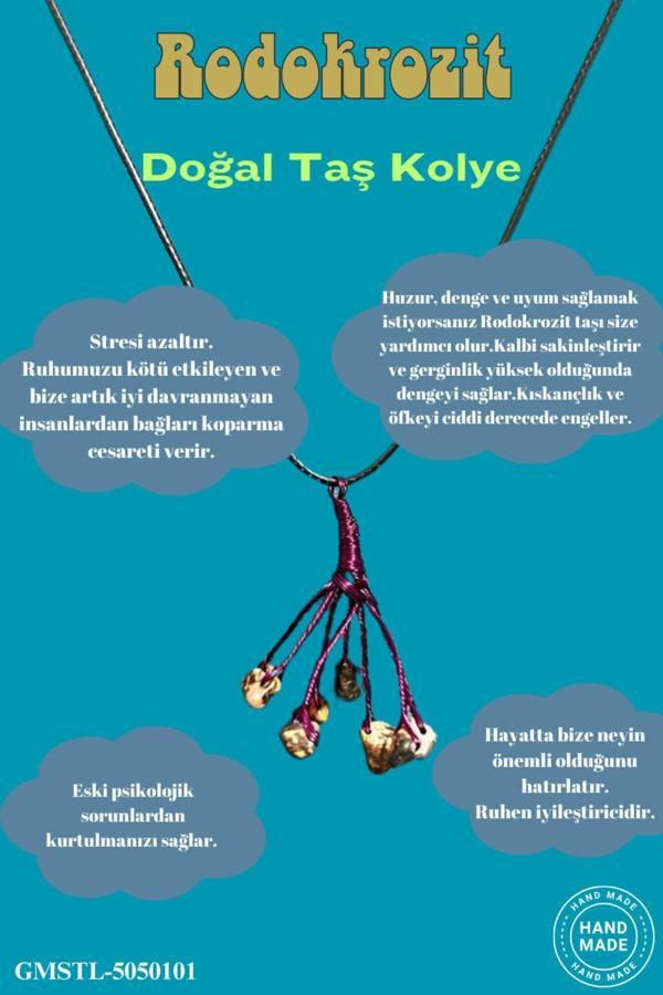 Sertifikalı Doğal Taş Rodokrozit Taşı El Yapımı Bakır Tel Sarma Kolye - Image 1