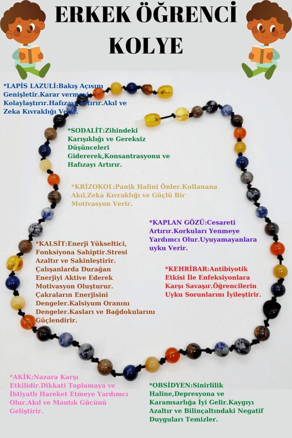 Sertifikalı Erkek Öğrenci Kolyesi Lapis Lazuli Kehribar Sodalit Kalsit K Gözü Krizokol Akik Obsidyen - Image 1
