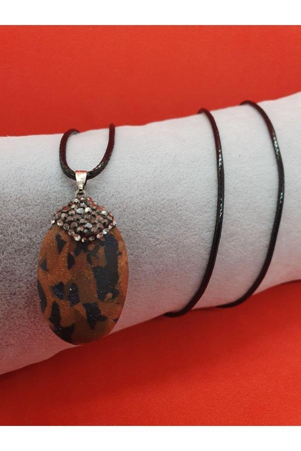 Obsidyen Doğal Taş Kolye Zirkon İşlemeli - Image 1