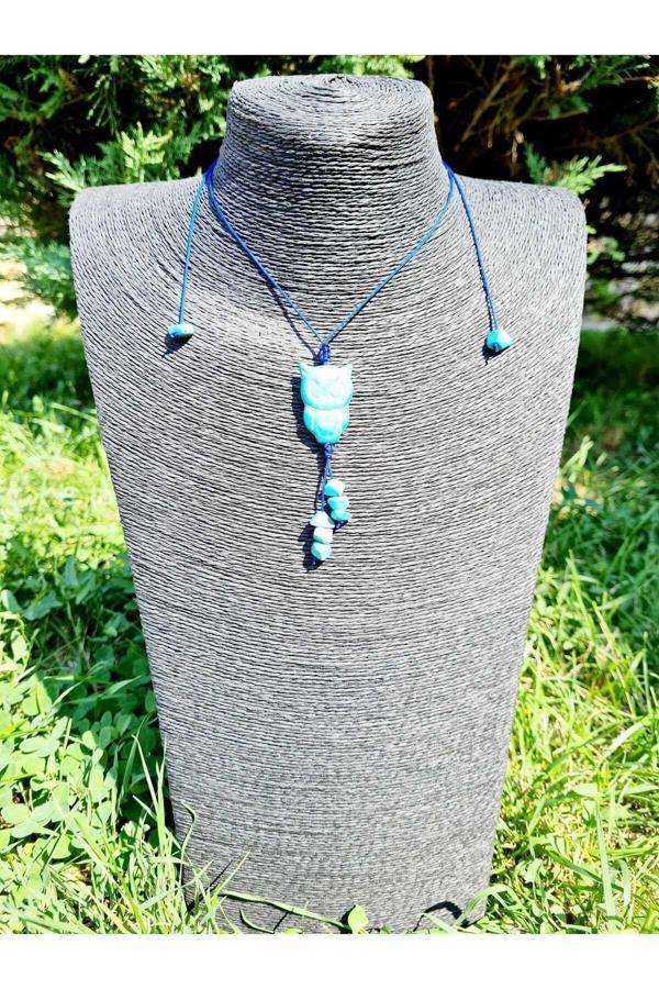 Turkuaz Doğal Taş Kolye Baykuş Detaylı Tasarım Cazibe Nazar - Image 1