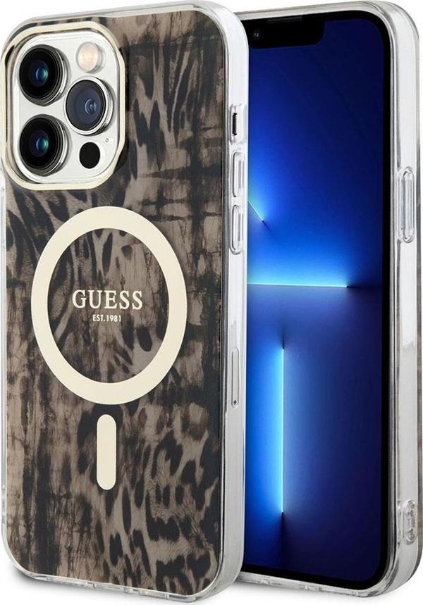 Guess iPhone 14 Pro Uyumlu Orjinal Lisanslı Kılıf Magsafe Şarj Leopar Desenli Kapak - Image 1
