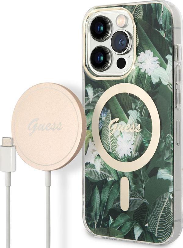 Guess iPhone 14 Pro Uyumlu Orjinal Lisanslı Kılıf Magsafe Şarj Yaprak Desenli Magsafe Şarj Kablolu Kapak - Image 1