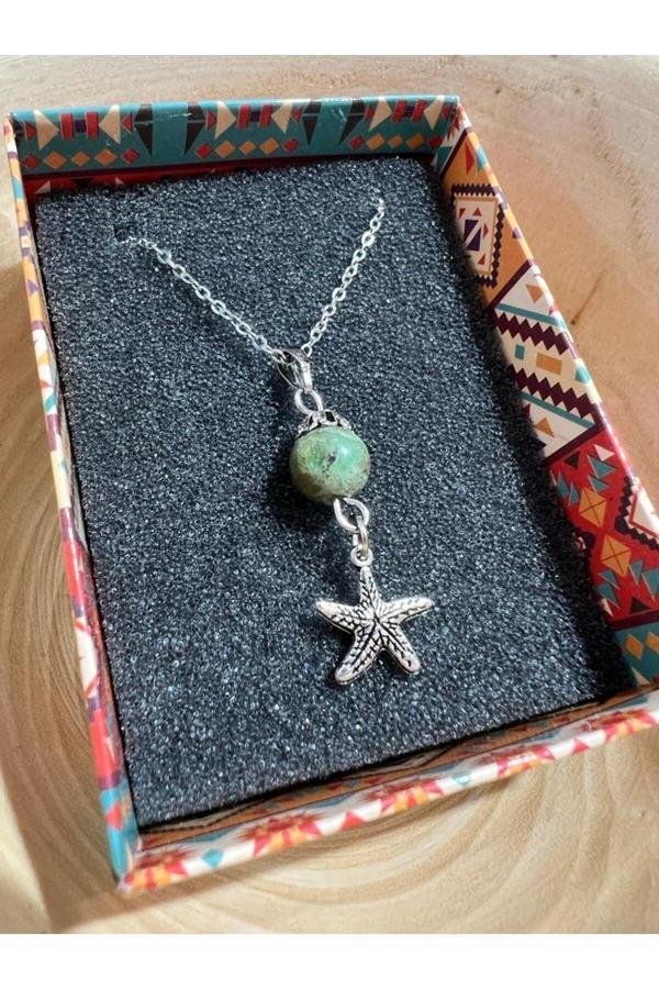 Orijinal Doğal Taş Zümrüt Taşı Kolye Zincir Dahil Deniz Yıldızı Sallantı Detaylı Aşk Taşı Zümrüt - Image 1