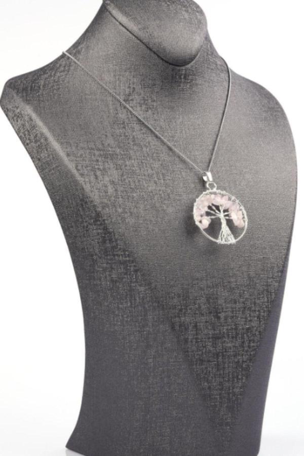 Doğal Taş Pembe Kuvars Hayat Ağacı Tasarım Kolye 5x5 Cm - Image 1