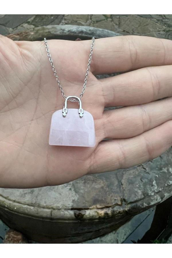 Orijinal Pembe Kuvars Doğal Taş Kolye Çanta Kesim - Image 1