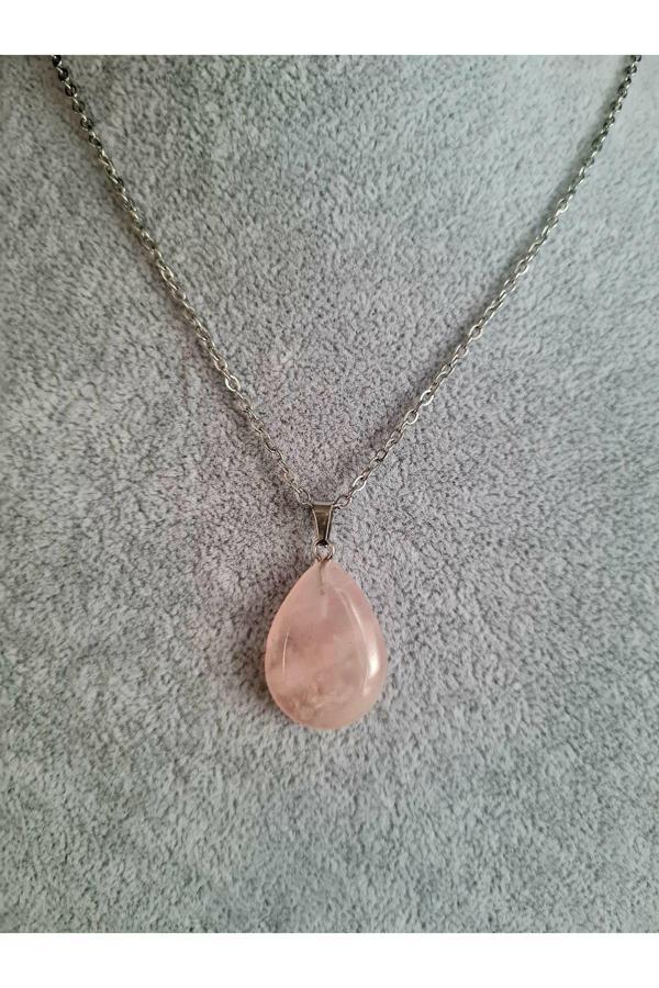 Pembe Kuvars Doğal Taş Damla Kesim Kolye - Image 1