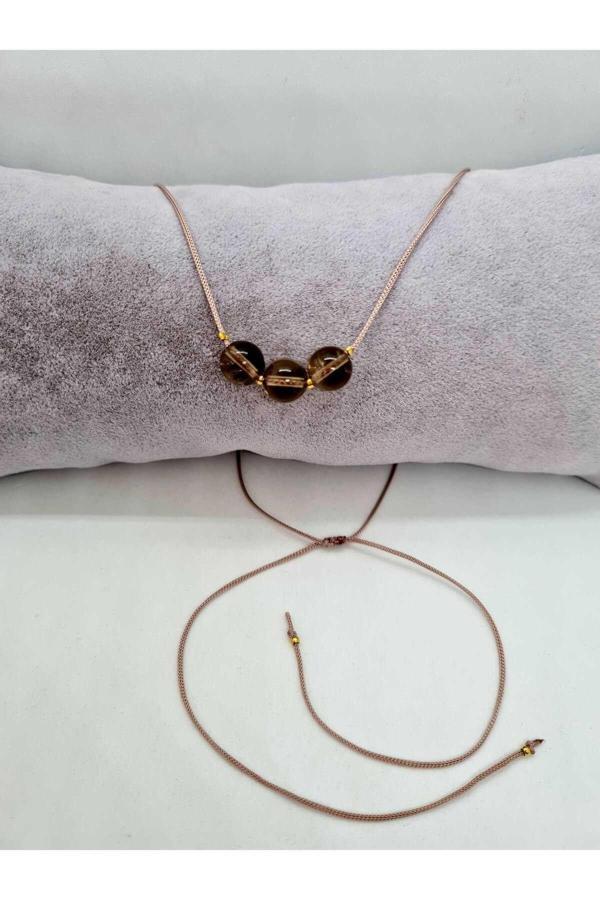 Dumanlı Kuvars Taşı Kolye Ayarlanabilir  Doğal Taş Çok Fonksiyonlu Kolye 8mm 3 lü Tasarım - Image 1