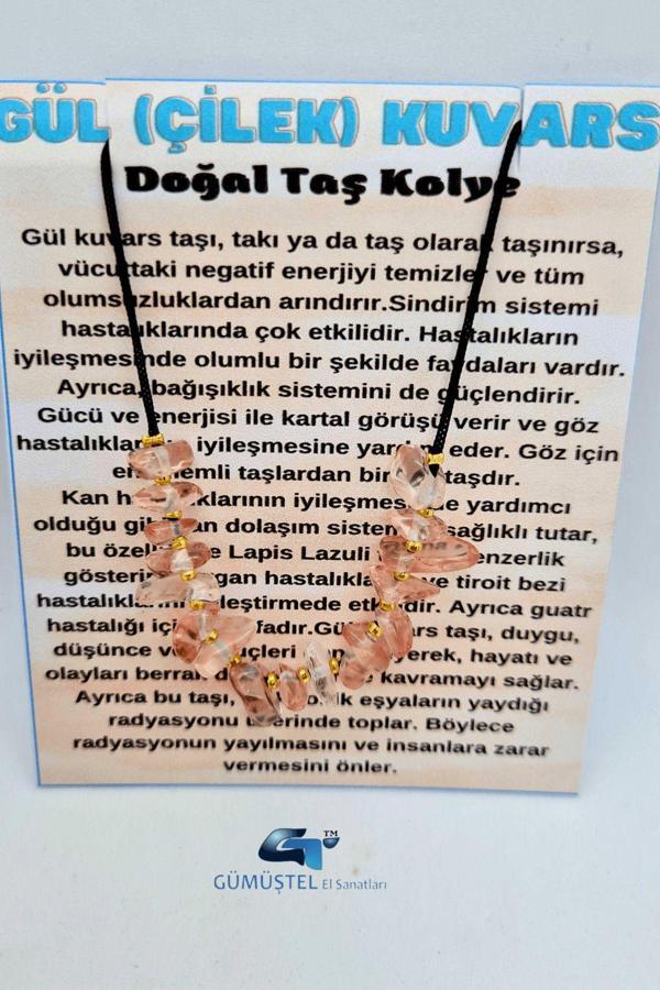 Gül Kuvars (Çilek Kuvars) Taşı Tasarım Kolye Ayarlanabilir Orijinal Doğal Taş Çok Fonksiyonlu Kolye - Image 1