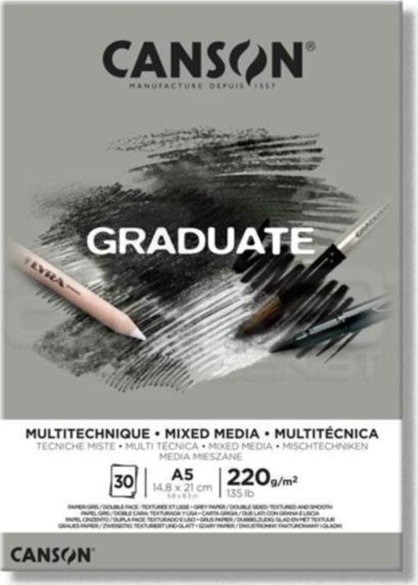 Canson A5 Çizim Bloğu (Çizim Defteri) Graduate Mix Media Gri 30 Yaprak 220 Gram 400110370 - Image 1