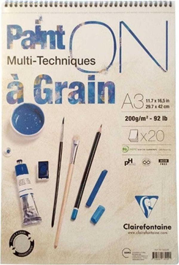 Clairefontaine Paint-On A Grain A3 Çizim Bloğu 200 Gram 20 Yaprak Üstten Spiralli Çok Amaçlı Blok - Image 1