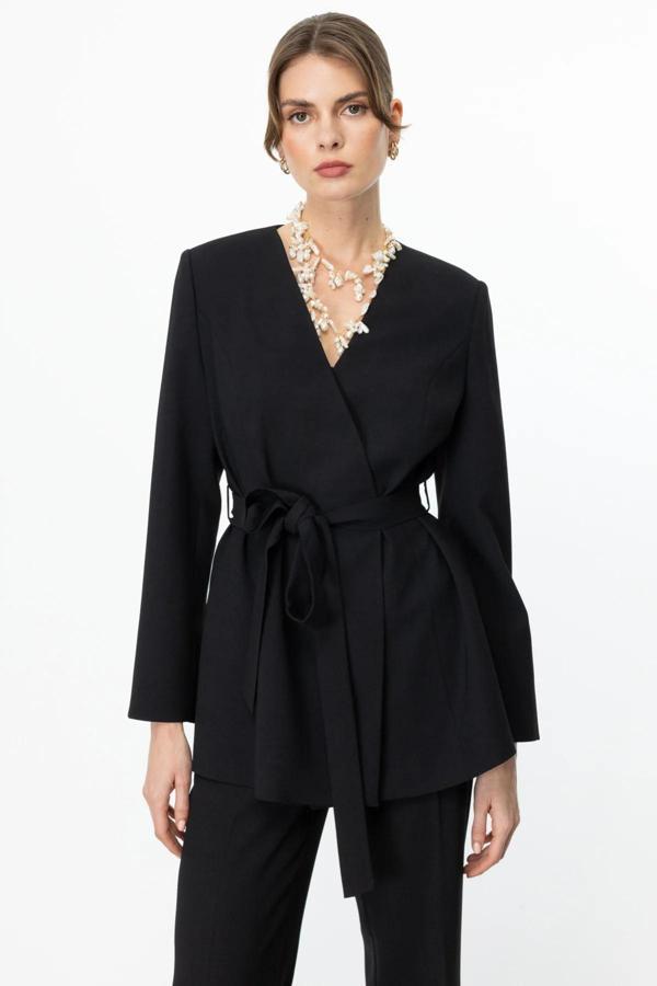 Ekol Kadın Beli Kuşaklı Çift Düğme Ceket 4232 Siyah - Image 1