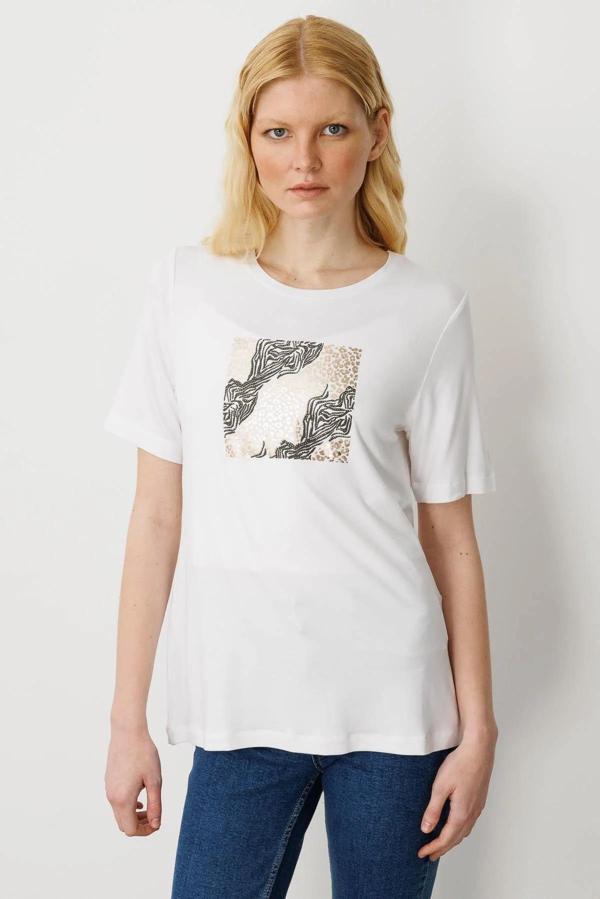 Desen Triko Kadın Sıfır Yaka Önü Taş Baskılı Penye T-Shirt 25834 Ekru - Image 1