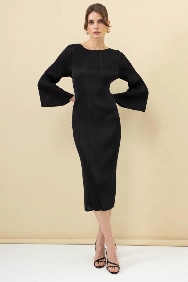 Ekol Kadın Akordiyon Kumaş Maxi Boy Elbise 5920 Siyah - Image 1