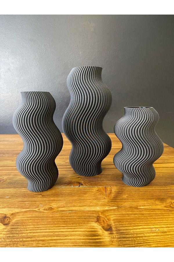 3Cup Design Wavy Vase Siyah Vazo Üçlü Set -Dekoratif Vazo-Şık Tasarım Vazo Seti-Ev Hediyesi- Oda Dekorasyonu - Image 1