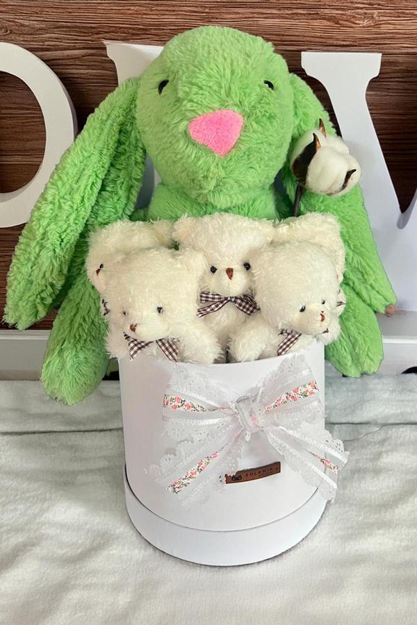 Özel Kutuda, Yeşil Jellycat Tavşan, 5 Beyaz Ayıcık – Pamuk Çiçeği Dokunuşlu, Özel Ayıcık Buketi - Image 1