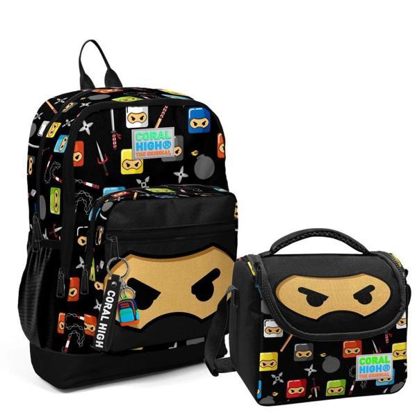 Coral High 2li Set Ninja Desenli Okul Çantası Beslenme 23473 - Image 1
