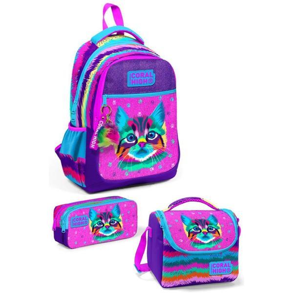 Coral High Desenli Okul Çantası Beslenme Kalemlik 3lü Set 23477 - Image 1