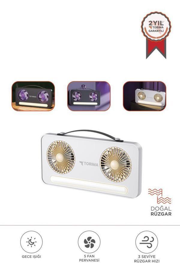 Torima F-23 Beyaz LED Işıklı Çift Fanlı Mini Masaüstü Vantilatör | 1200mAh Şarjlı, Type-C Girişli, Taşınabilir Fan - Image 1