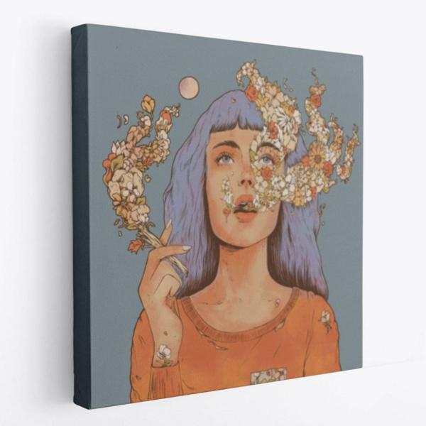 Çiçek Detaylı Sigara İçen Kadın Dekoratif Kanvas Tablo, Duvar Dekoru 5877 - Image 1