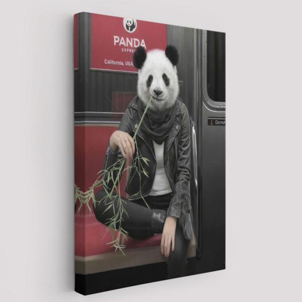 İnsan Görünümlü Panda Metroda Dekoratif Kanvas Tablo, Duvar Dekoru 5228 - Image 1
