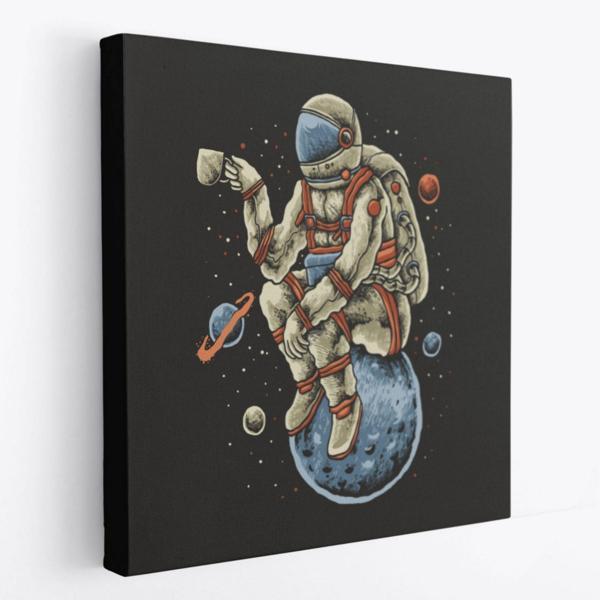 Dünya Üzerinde Kahve İçen Astronot Dekoratif Kanvas Tablo, Duvar Dekoru 5098 - Image 1