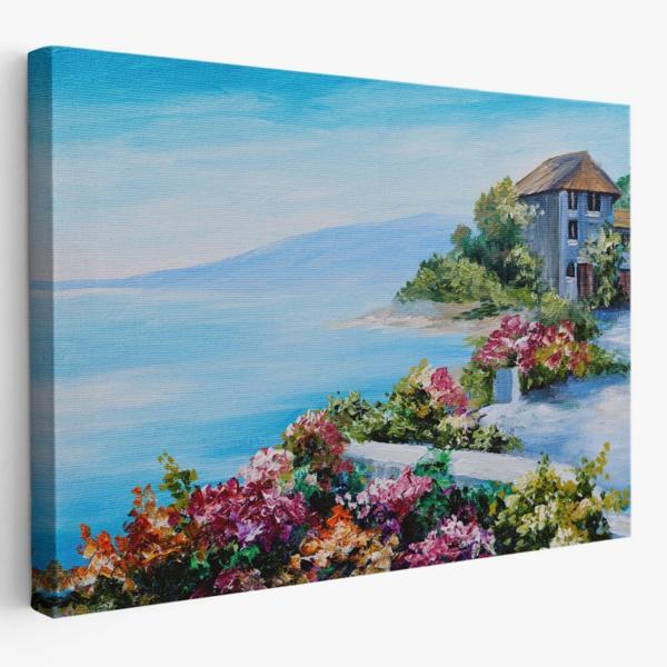 Deniz Manzaralı Ev ve Renkli Çiçekler Dekoratif Kanvas Tablo, Duvar Dekoru 3633 - Image 1